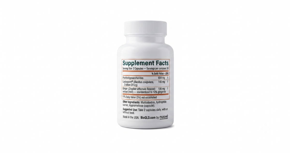 BioGL3 back label showing supplement facts panel